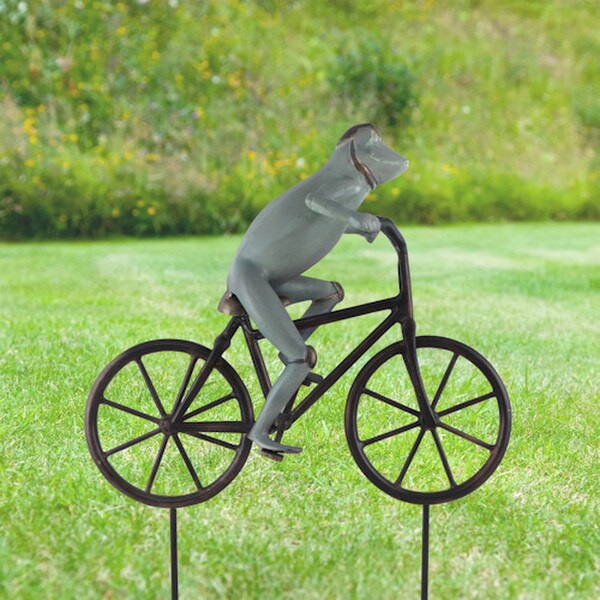 Frog on Bicycle Garden Sculpture bike peddling statue Helmet Statuary